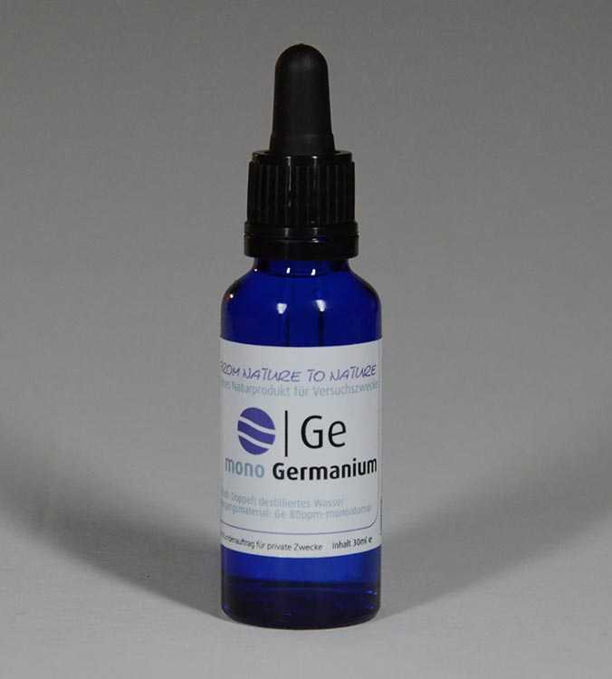 Blue glass bottle with the inscription Monoatomic germanium 30 milliliter - made of 80ppm colloidal germanium