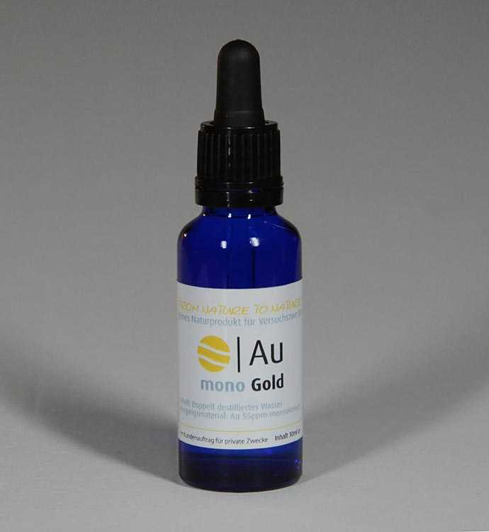 Blue glass bottle with the inscription Monoatomic gold 30 milliliters - made from 55ppm colloidal gold