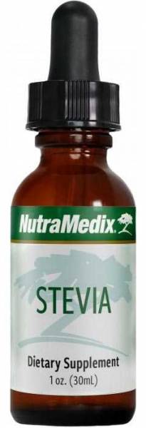 Schlanke Flasche mit 30ml Nutramedix Stevia Tropfen, bei Bluthochdruck und Diabetes