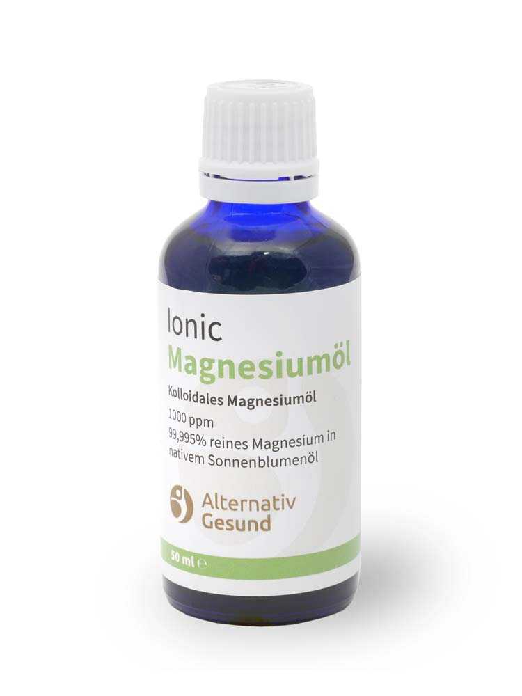 A blue glass bottle with a bright label that says Ionic Magnesium Oil. 99.99% pure magnesium in virgin sunflower oil.
