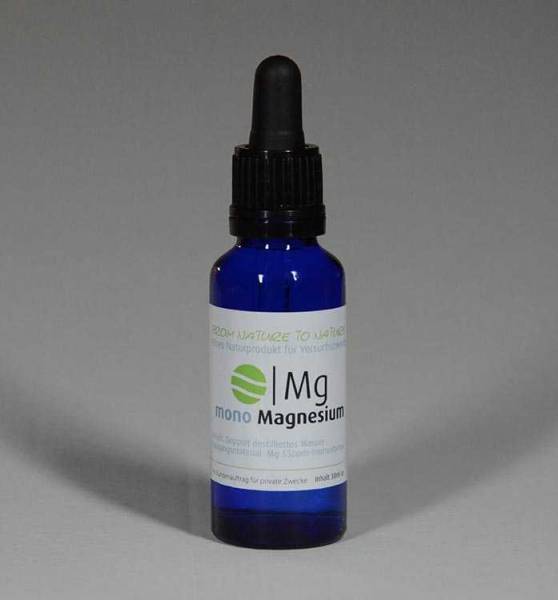 Blue glass bottle with the inscription Monoatomic magnesium 30 milliliter - made of 55ppm colloidal magnesium