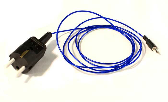 Blue cable coiled with black connector plugs. Diamond Shield Zapper grounding cable with plug