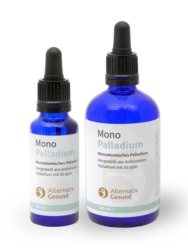 Two blue glass bottles of different sizes, with bright labels that say Monoatomic Palladium.