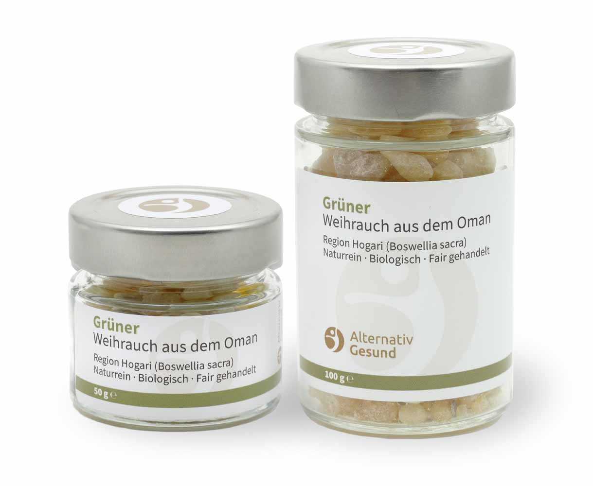 Two jars of different sizes, with labels "Green frankincense from Oman" 50 gram and 100 gram