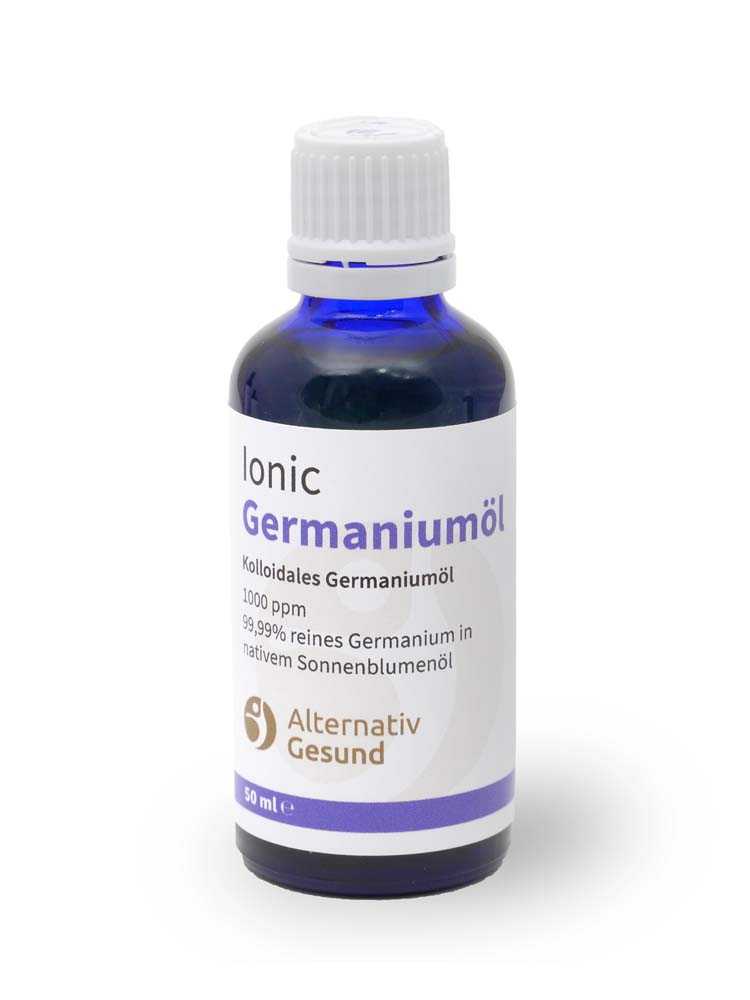 A blue glass bottle with a bright label that says Ionic Germanium Oil. 99.99% pure germanium in virgin sunflower oil.