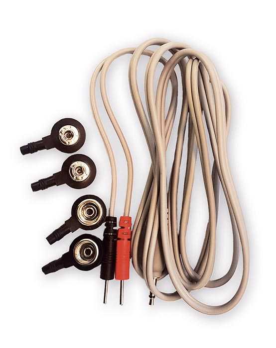 A beige cable with red and black plug for frequency therapy with Diamond Shield Zapper. Four push button adapters are also included (4mm and 10mm) so that the cable fits all accessories