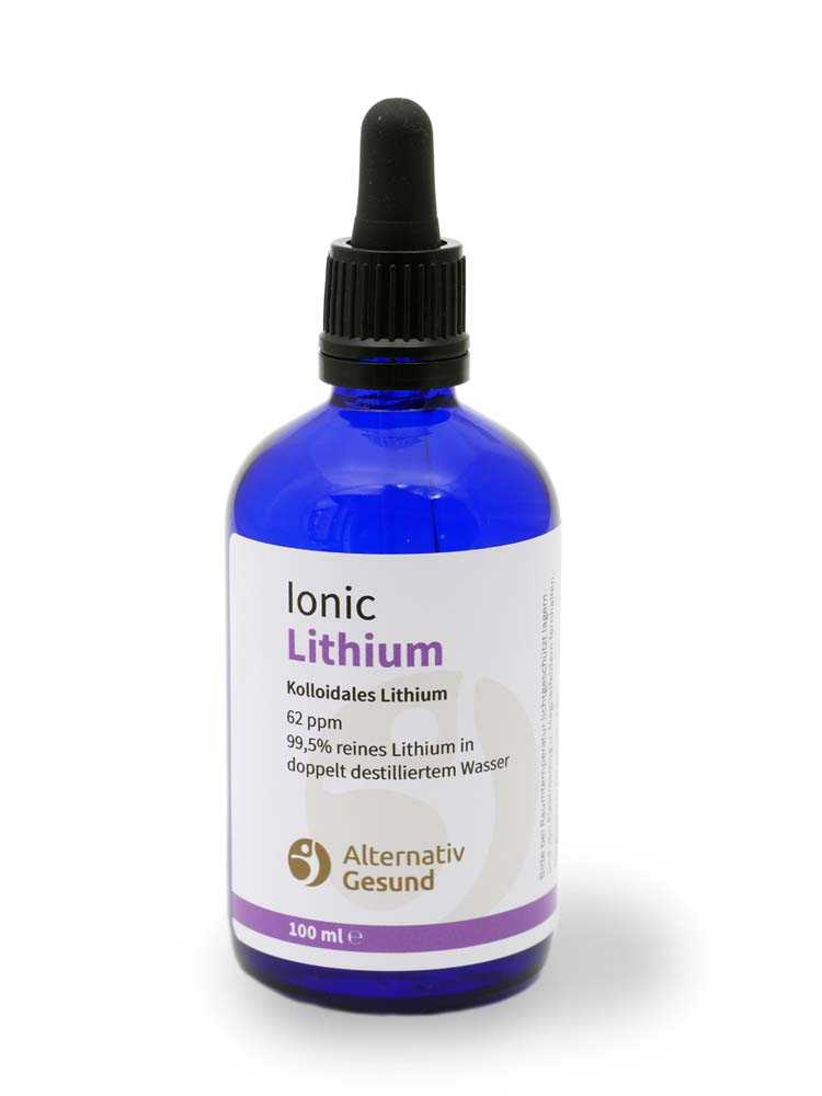 A blue glass bottle with bright label that says Ionic Lithium. 99.95% pure lithium in double distilled water.