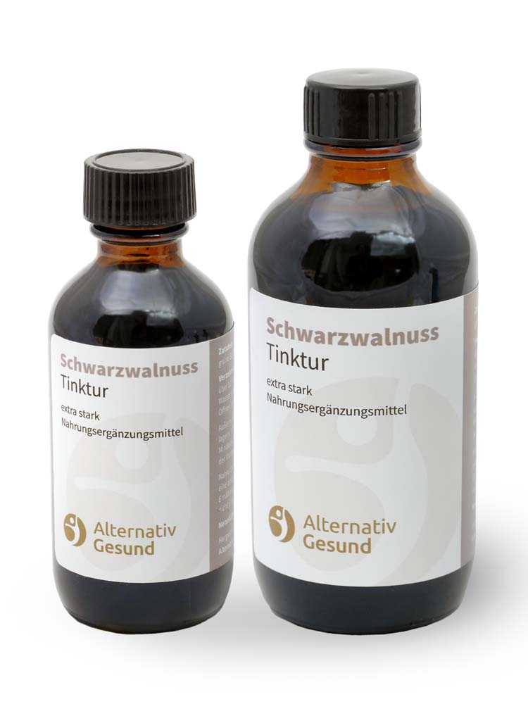 Two brown bottles of different sizes, with white label that says Black Walnut Tincture extra strong