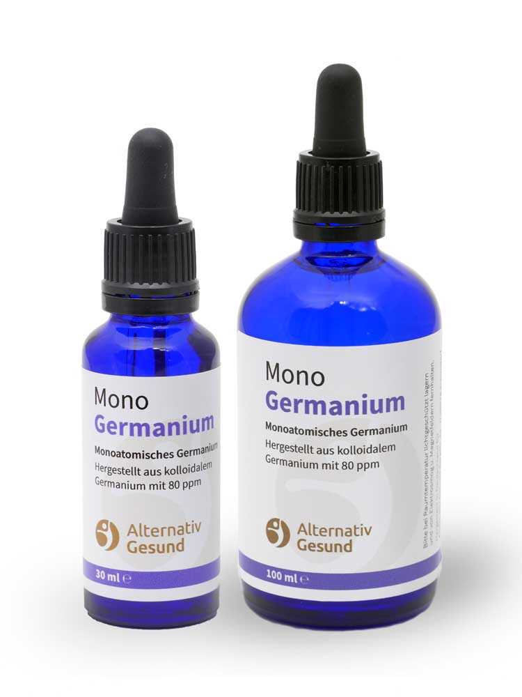 Two blue glass bottles of different sizes, with bright labels that say Monoatomic Germanium.