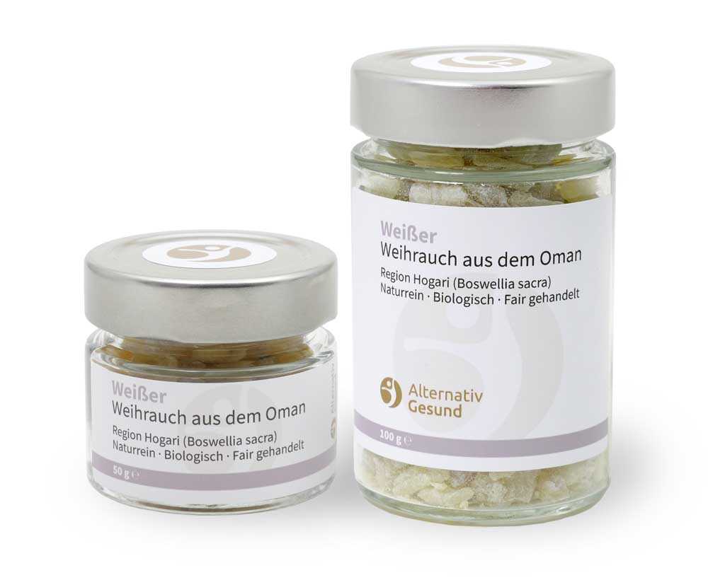 Two jars of different sizes, with labels "White frankincense from Oman" 50 gram and 100 gram