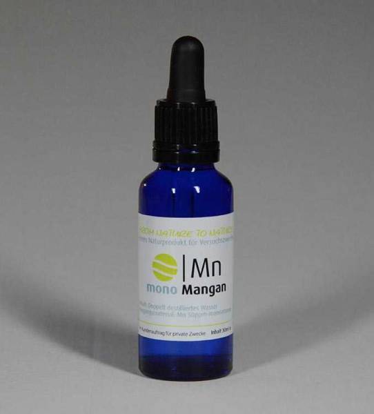 Blue glass bottle with the inscription Monoatomic Manganese 30 milliliters - made from 50ppm colloidal manganese