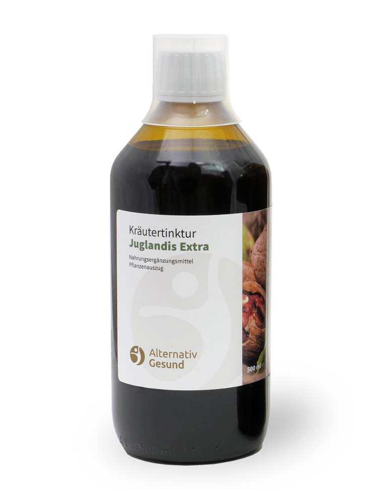 Brown bottle 500 millilitres with white label that says herbal tincture Juglandis Extra