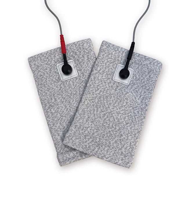 Two grayish rectangular shaped sleeves with red and black connected cables