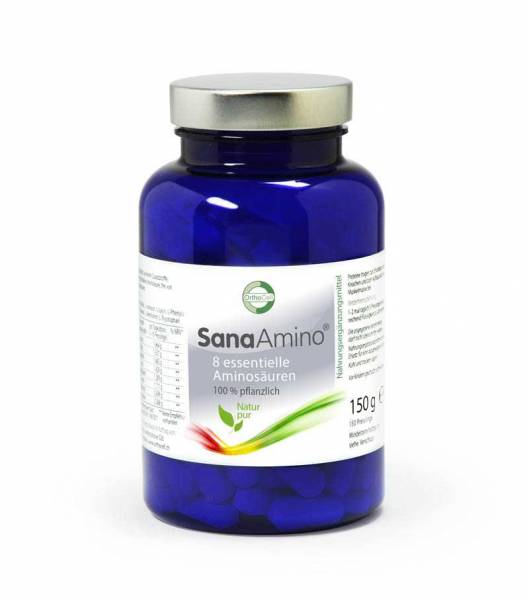 SanaAmino with 8 essential amino acids in valuable blue glass