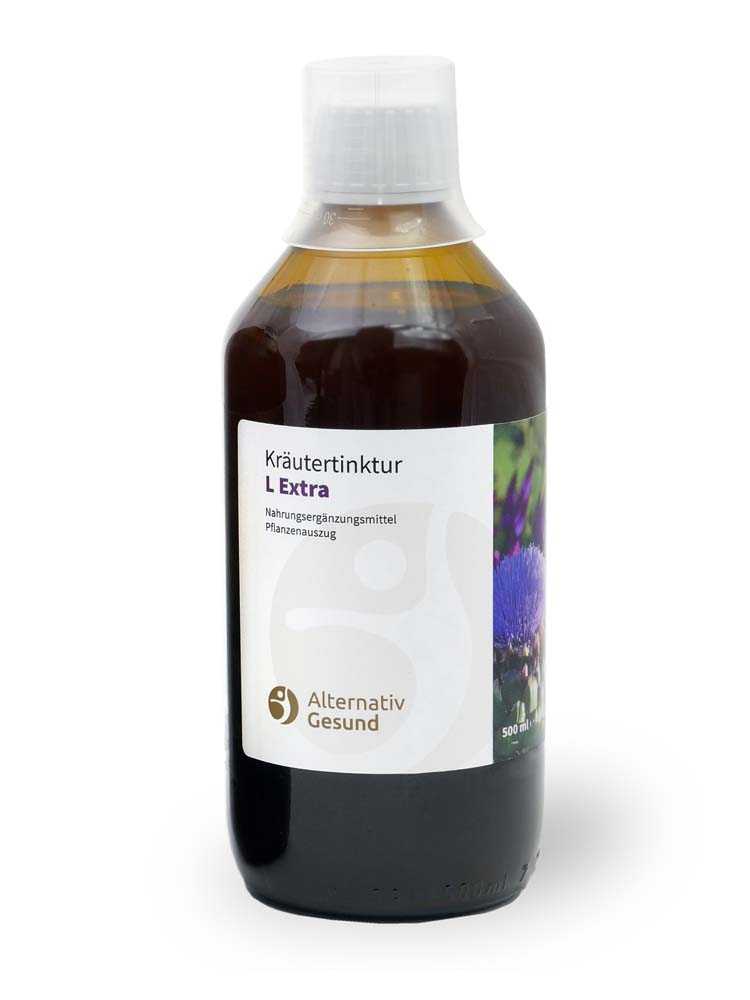 Brown bottle 500 millilitres with white label that says herbal tincture L Extra